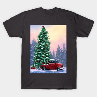 Snowing Christmas Tree Farm Santa Christmas Truck Heading to the Village T-Shirt